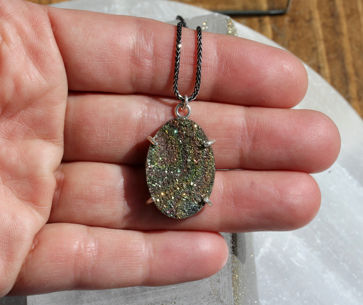Rainbow Pyrite Oval Pendant Necklace