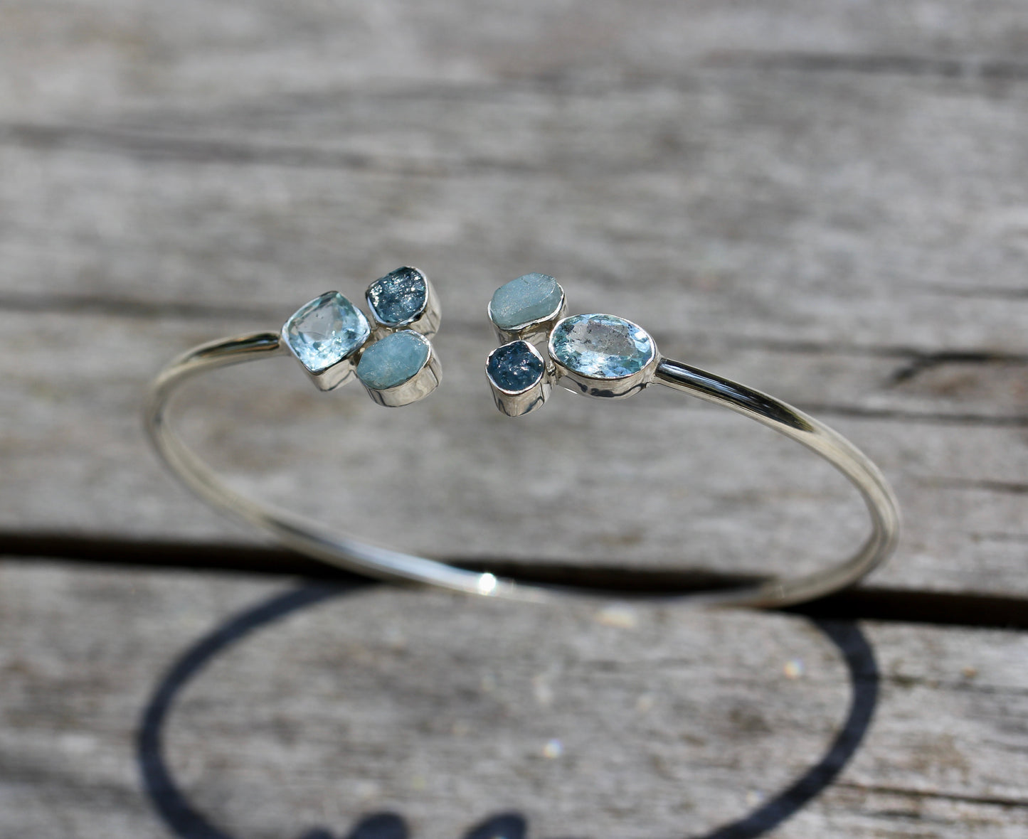 Aquamarine Cluster Silver Flex Bracelet