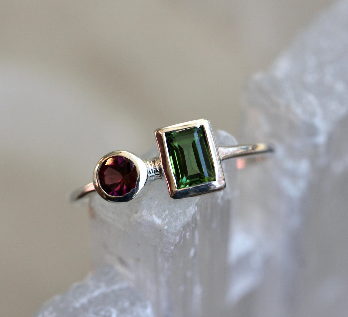 Pink and Green Tourmaline Silver Ring