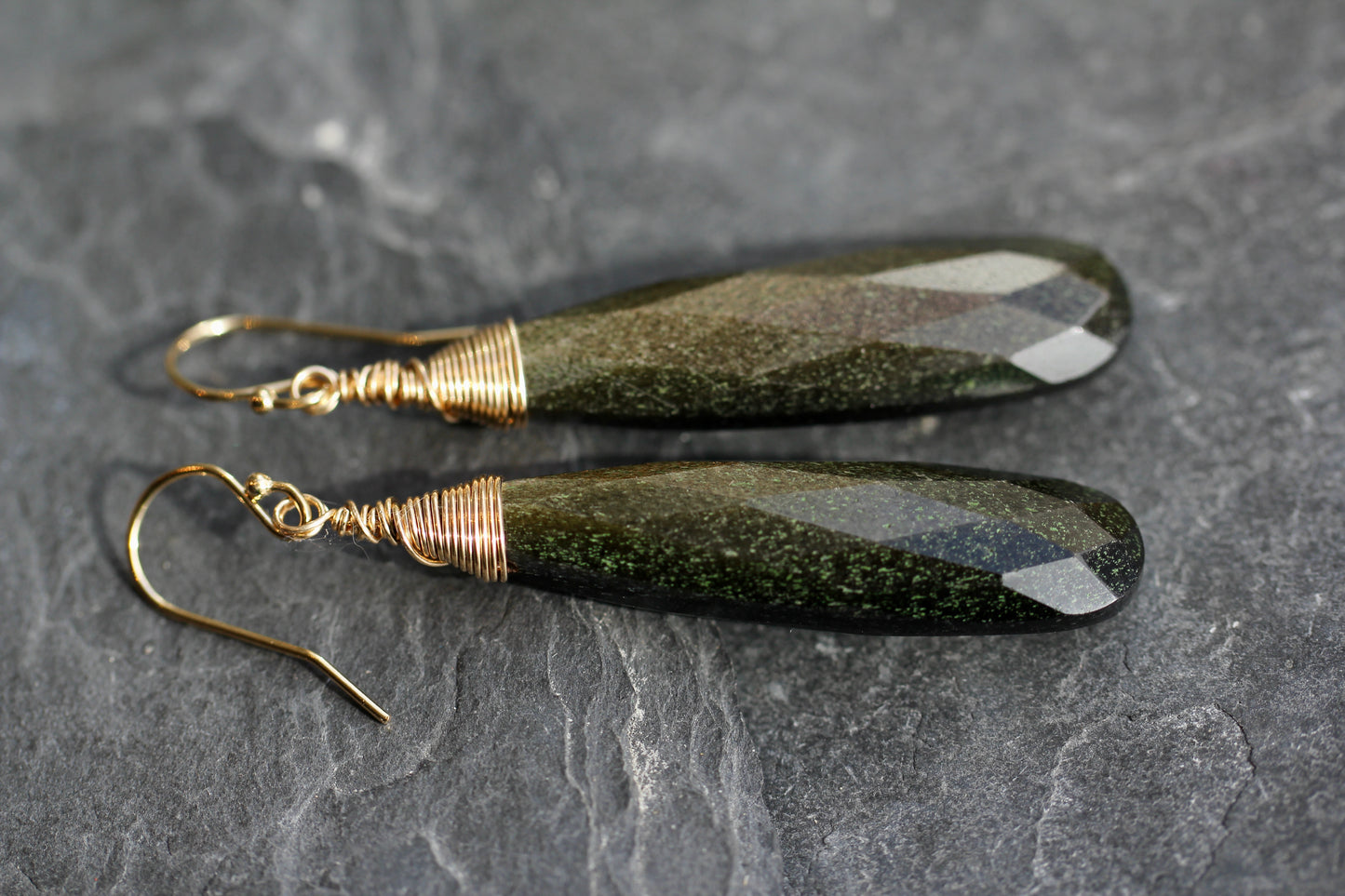 Gold Sheen Obsidian Long Teardrop Earrings