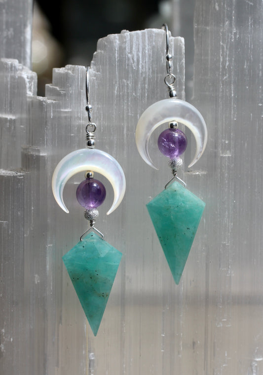 Amazonite Amethyst Mother of Pearl Moon Earrings