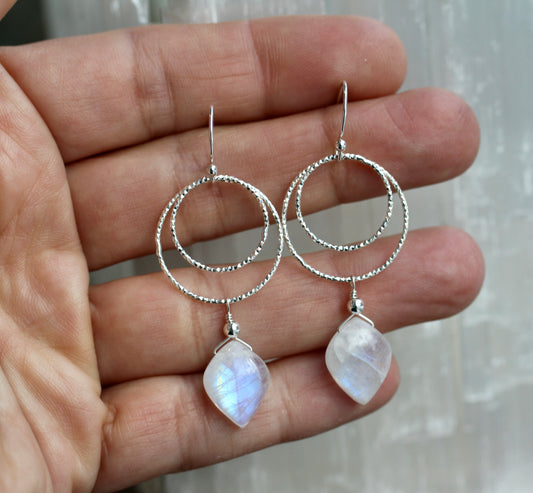 Rainbow Moonstone Double Ring Drop Earrings