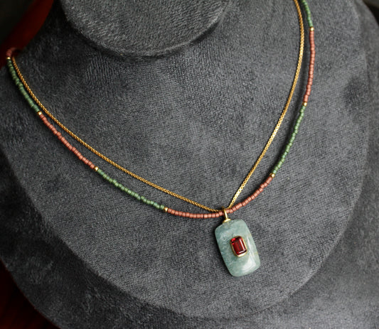 Aquamarine Garnet Beaded Gold Necklace