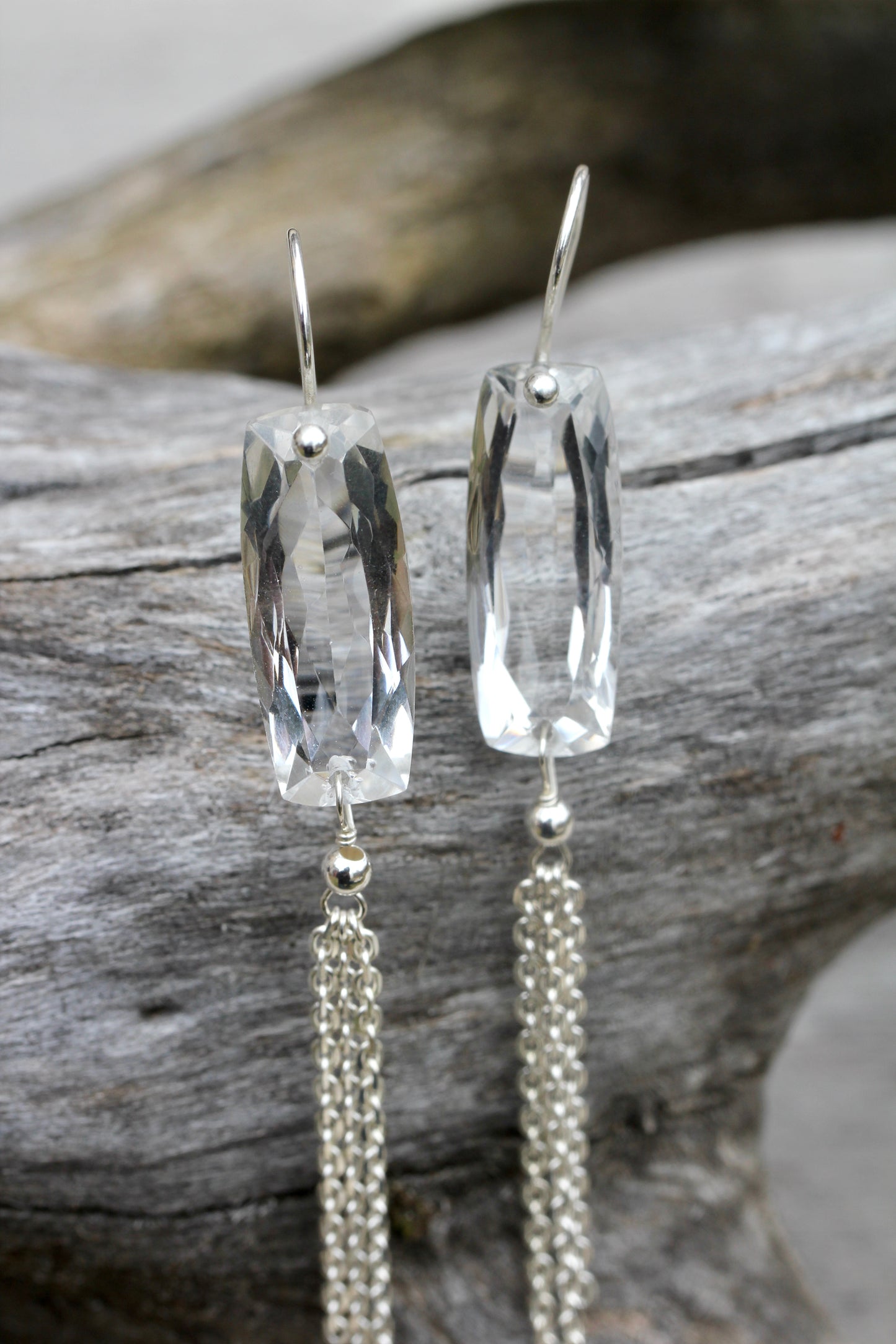 Quartz Baguette Silver Chain Fringe Earrings