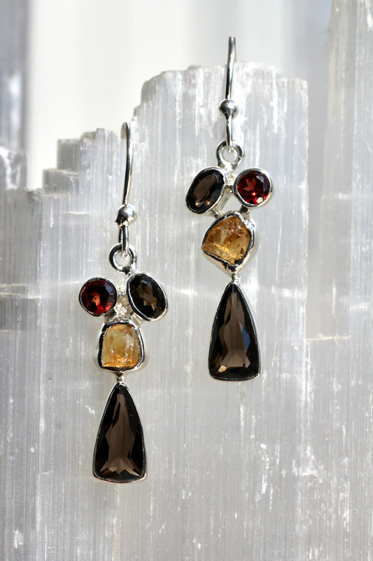 Smokey Quartz Garnet Citrine Earrings