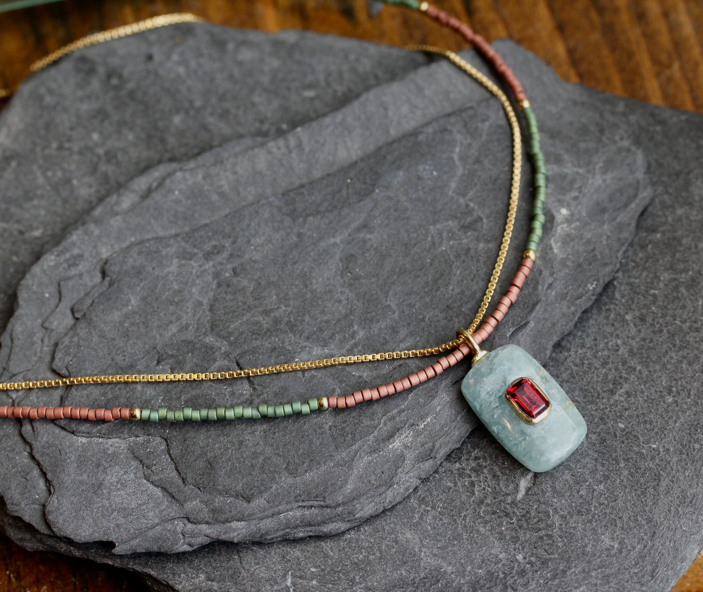 Aquamarine Garnet Beaded Gold Necklace