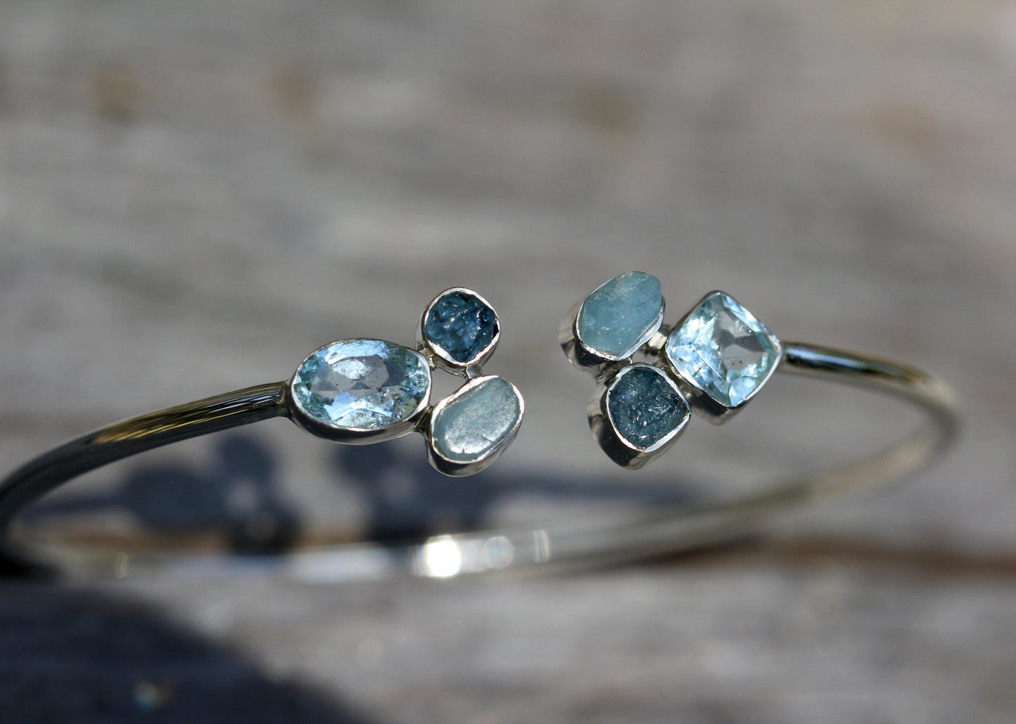 Aquamarine Cluster Silver Flex Bracelet
