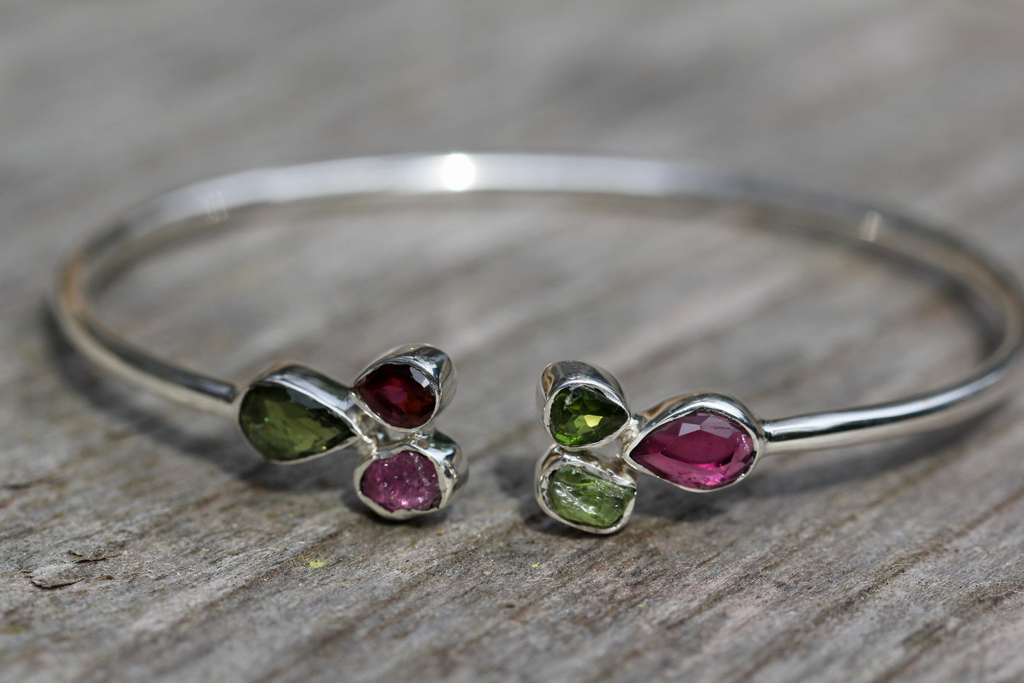 Pink and Green Tourmaline Cluster Silver Bracelet