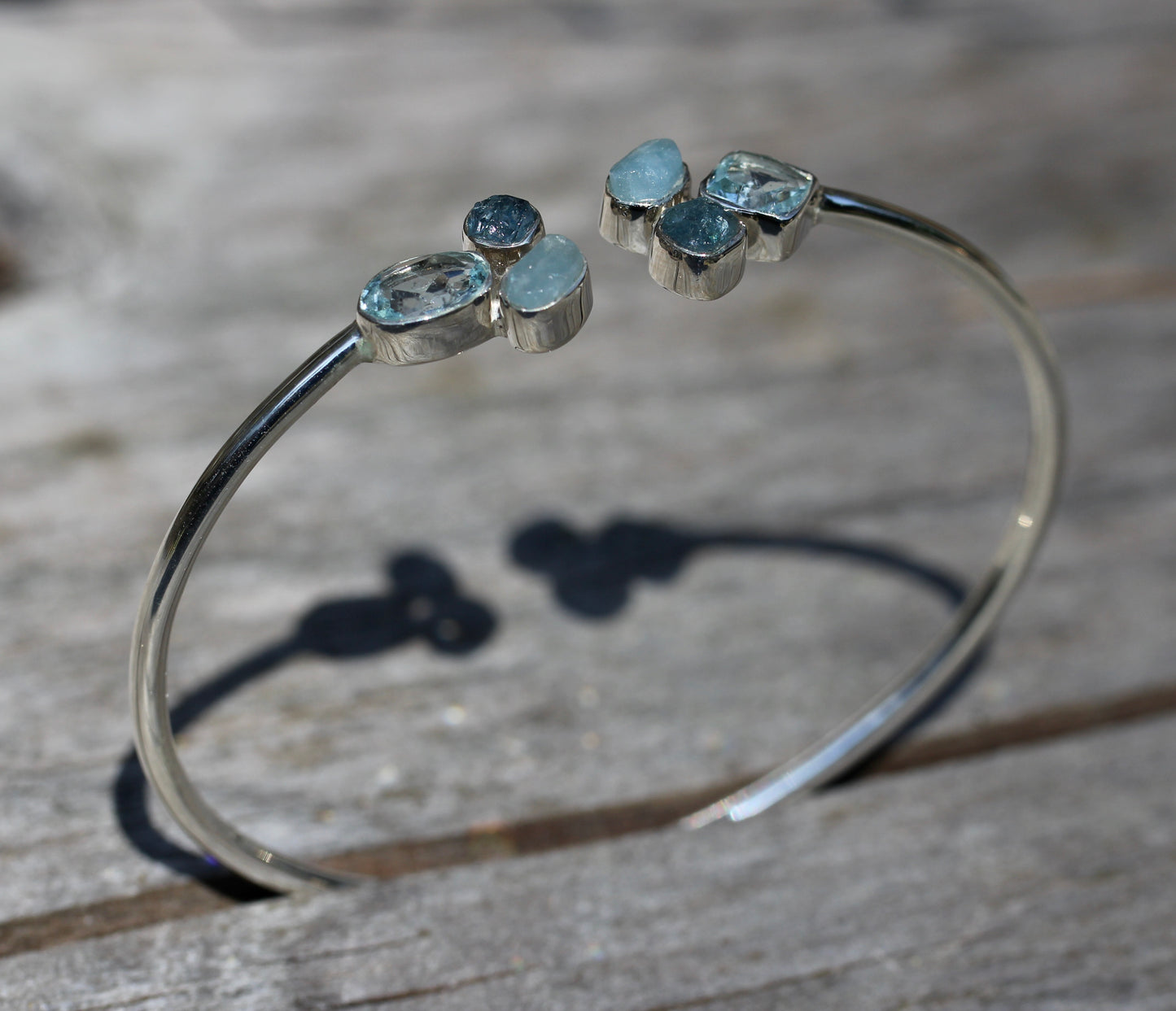 Aquamarine Cluster Silver Flex Bracelet