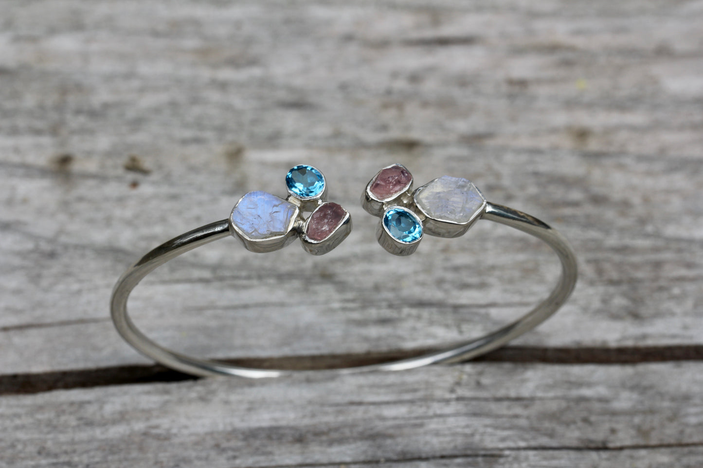 Rainbow Moonstone Blue Topaz Rose Quartz Silver Flex Bracelet