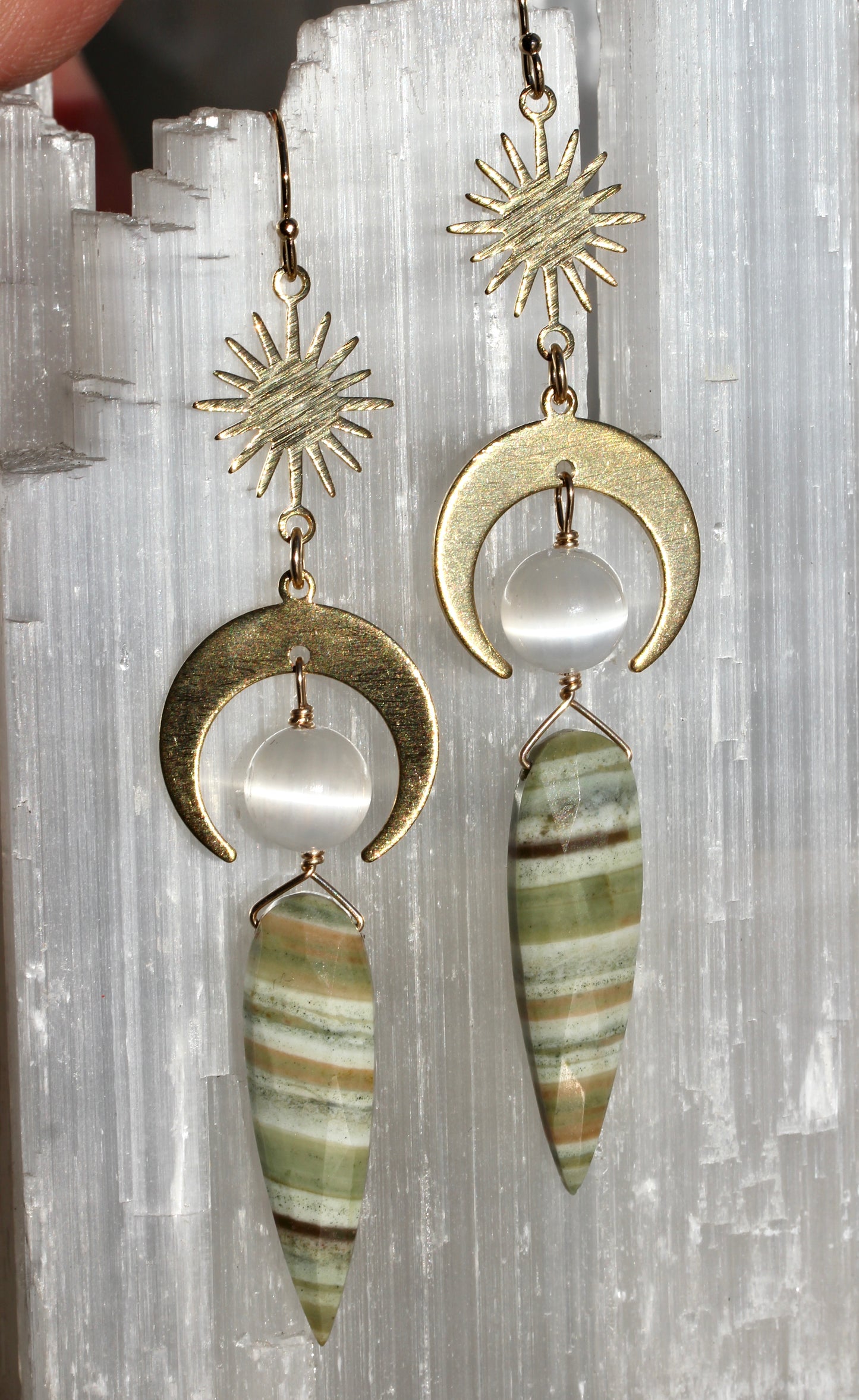 Green Opal Selenite Brass Moon and Star Earrings
