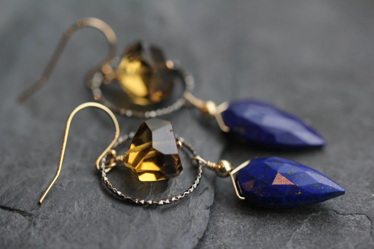 Lapis Beer Quartz Hoop Drop Earrings