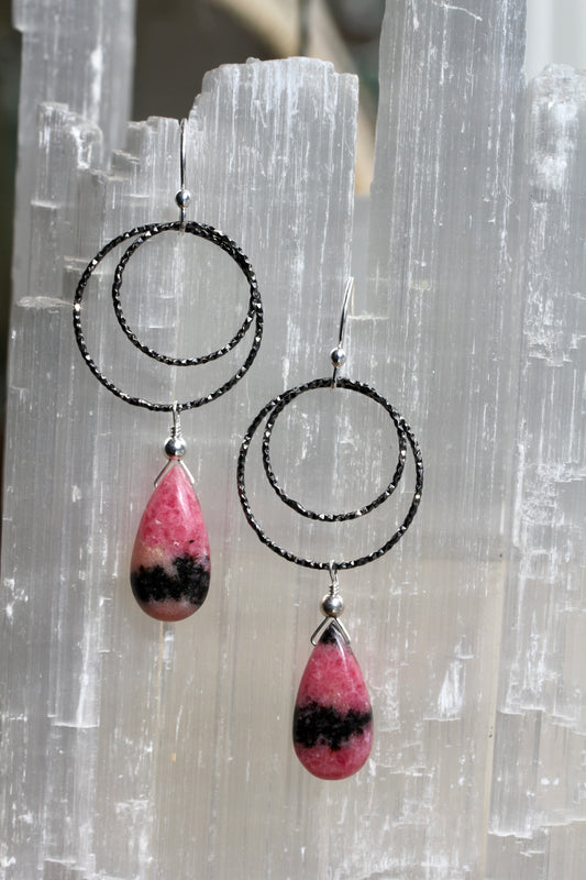 Rhodonite Diamond Cut Double Hoop Earrings