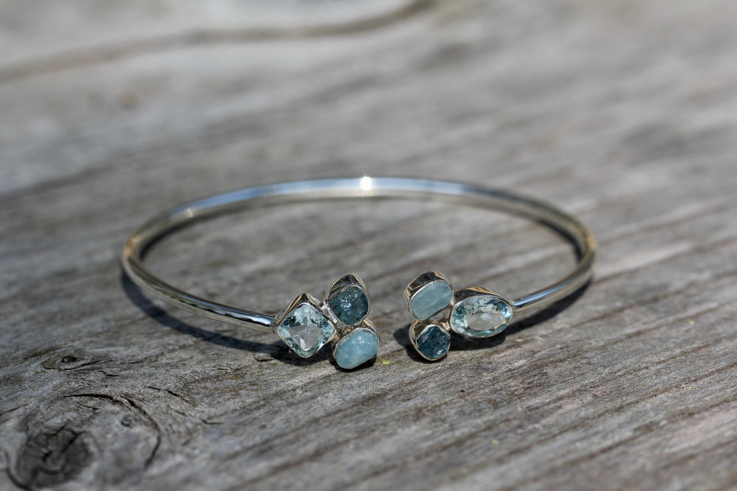 Aquamarine Cluster Silver Flex Bracelet