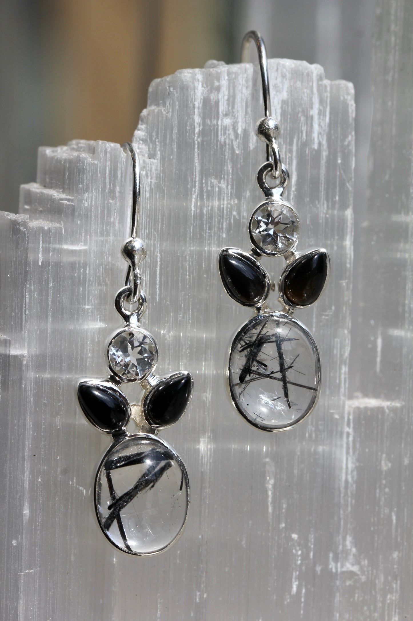 Tourmalinated quartz Onyx White Topaz Earrings
