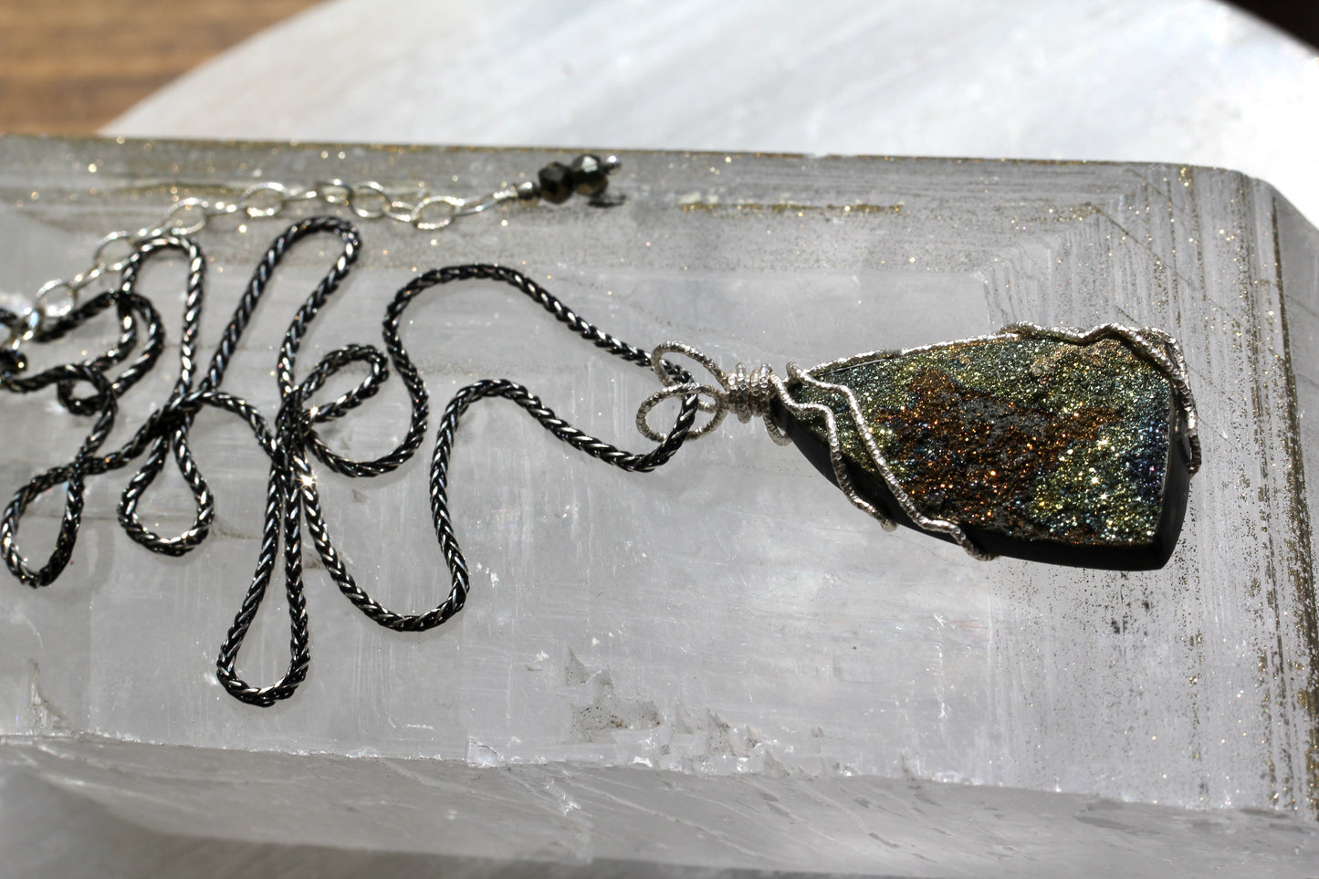 Rainbow Pyrite Freeform Silver Wrap Pendant