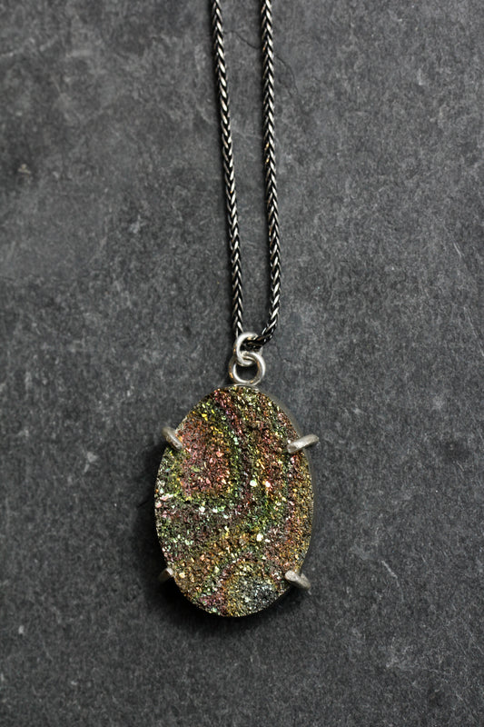 Rainbow Pyrite Oval Pendant Necklace