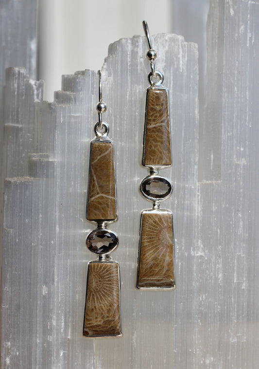 Fossil Coral Smokey Quartz Earrings