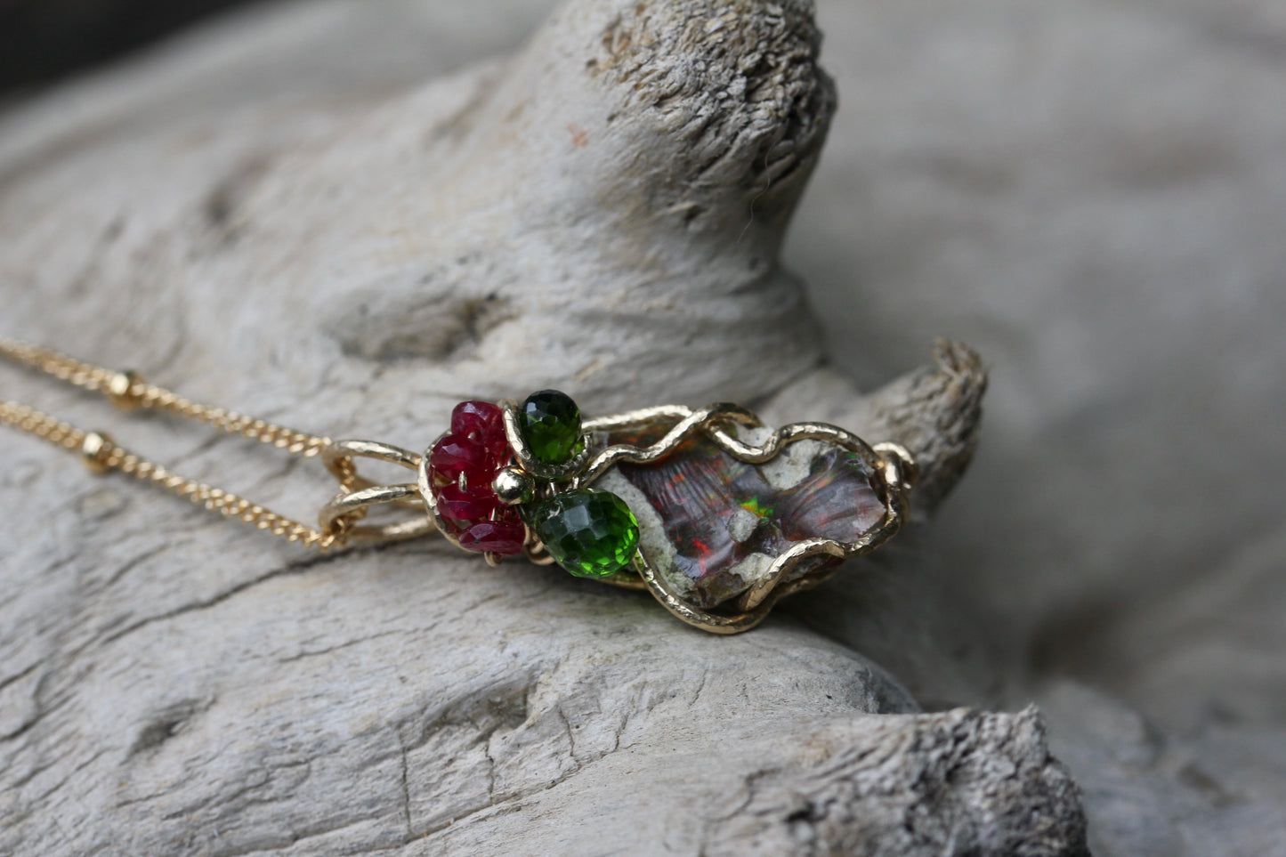 Opal Ruby Diopside Gold Necklace