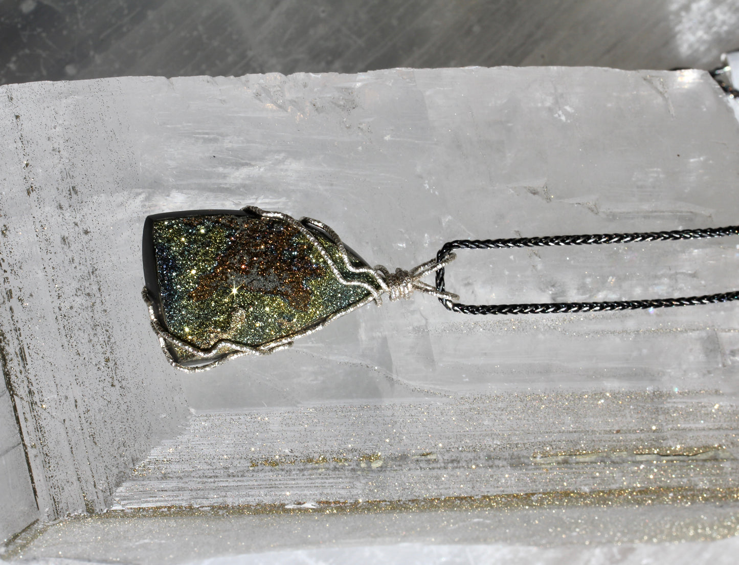 Rainbow Pyrite Freeform Silver Wrap Pendant