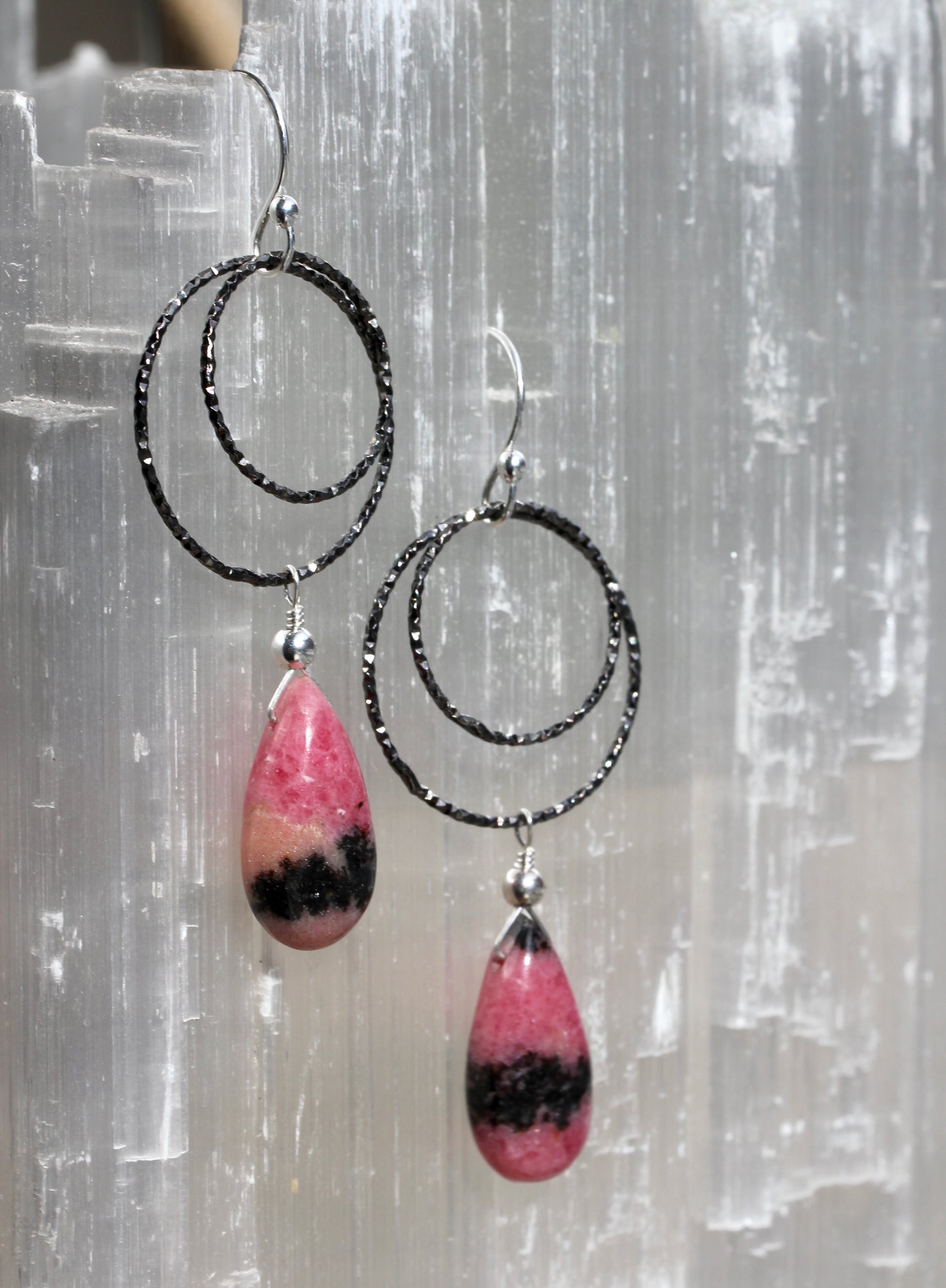 Rhodonite Diamond Cut Double Hoop Earrings