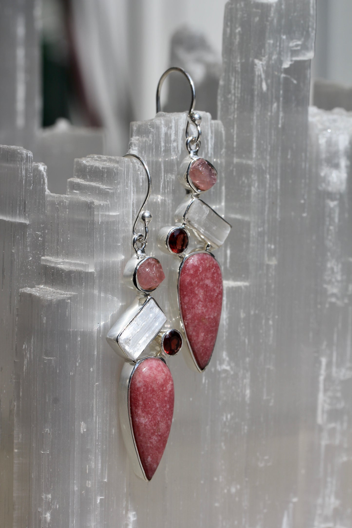 Thulite Selenite Garnet Rose Quartz Earrings