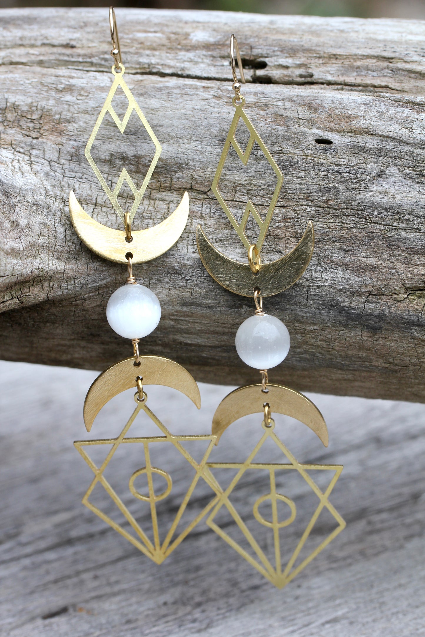 Geometric Selenite Moon Goddess Earrings