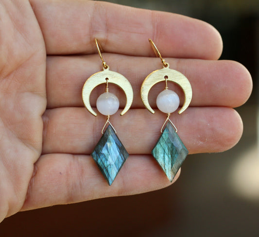 Labradorite Selenite Brass Moon Earrings