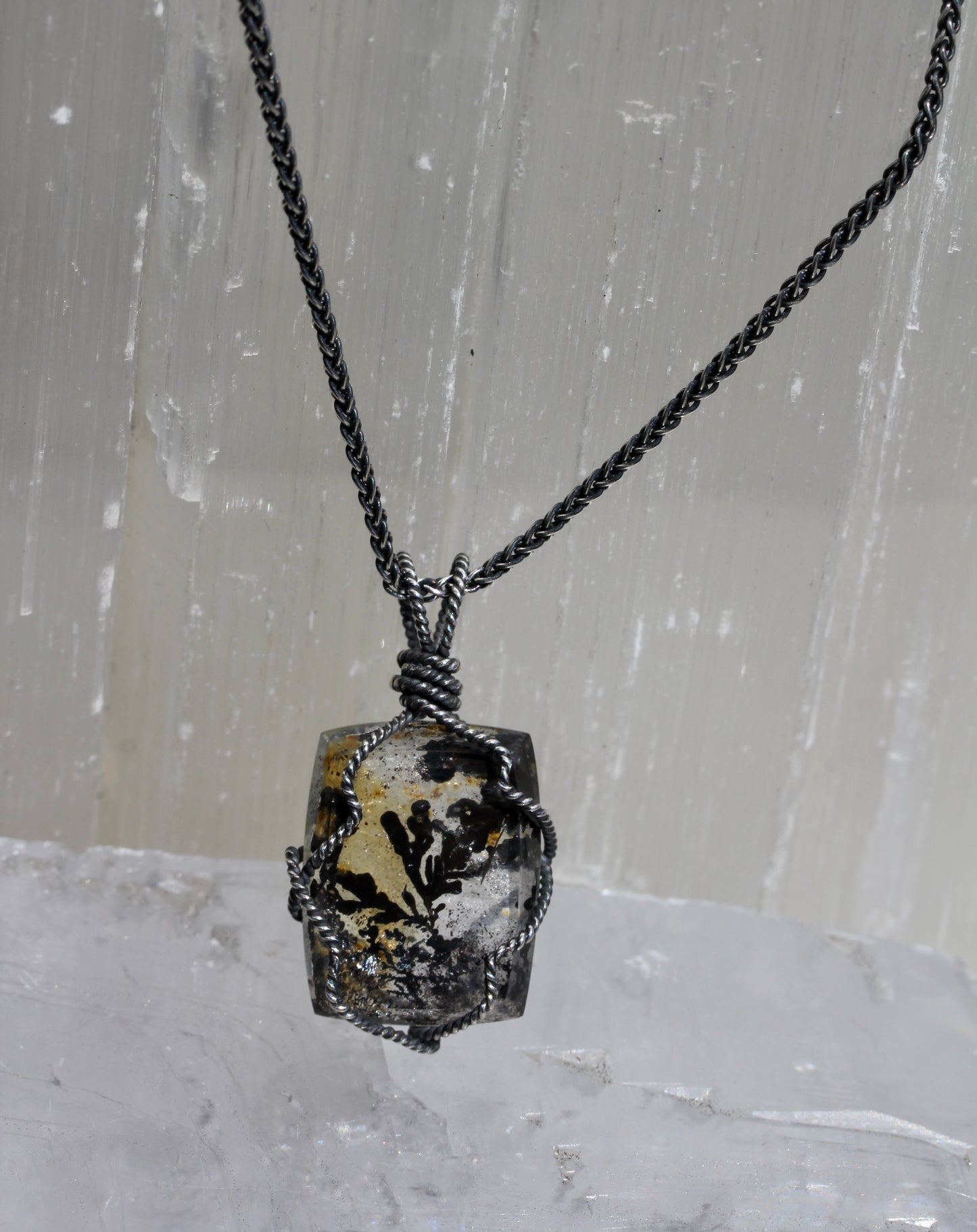 Dendritic Quartz Silver Wrap Necklace