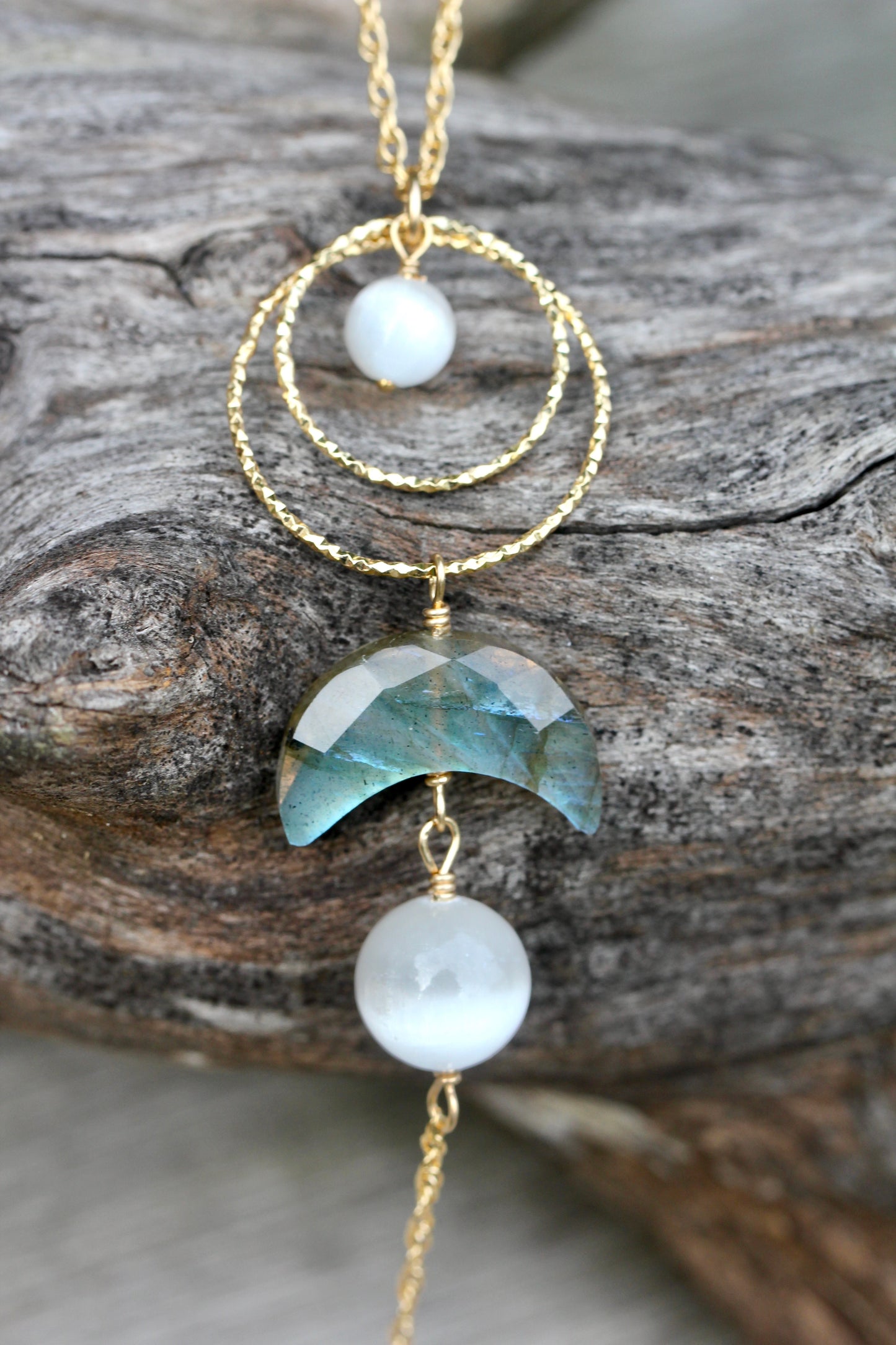 Labradorite Selenite Moon Goddess Gold Necklace