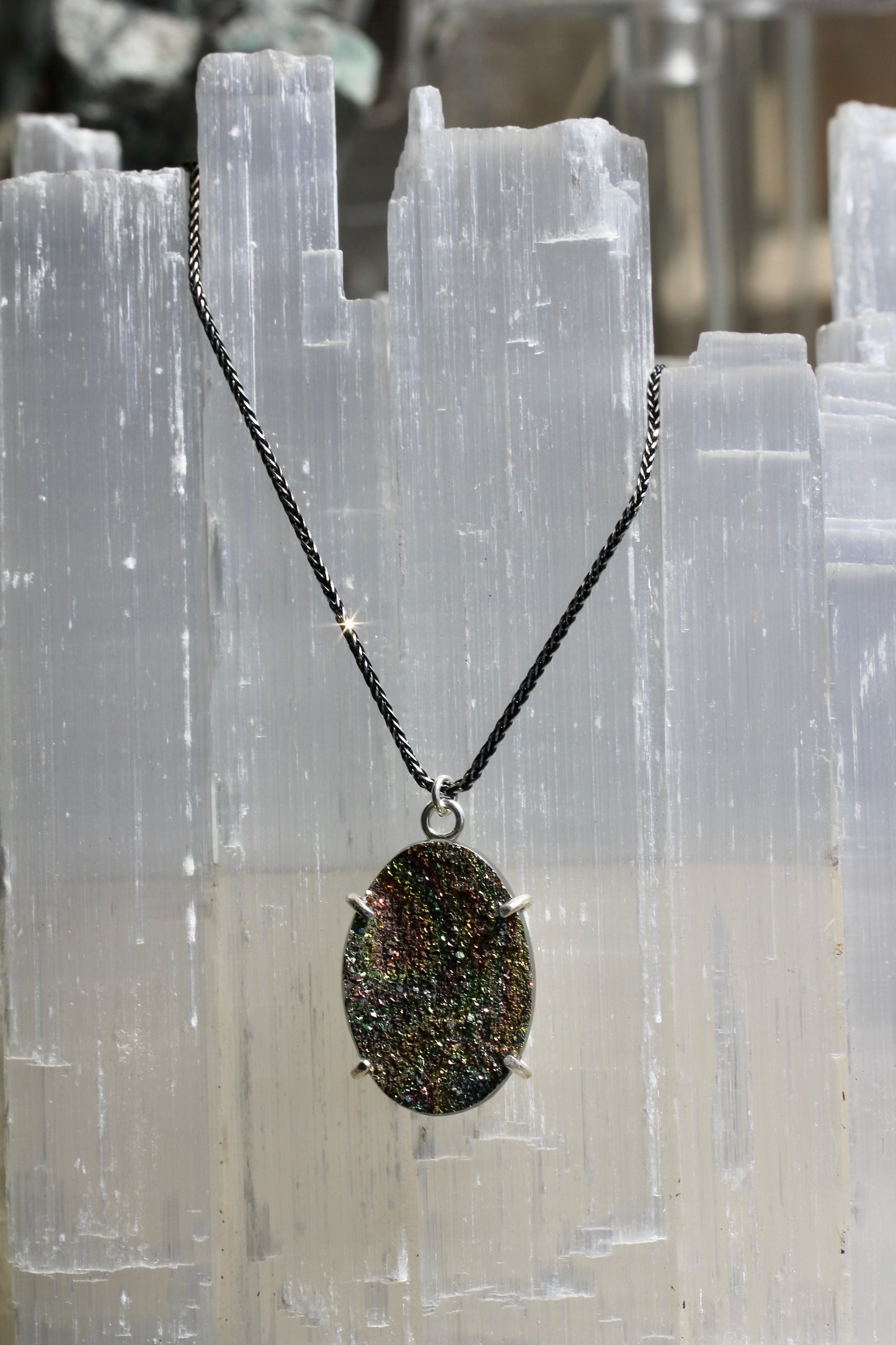 Rainbow Pyrite Oval Pendant Necklace