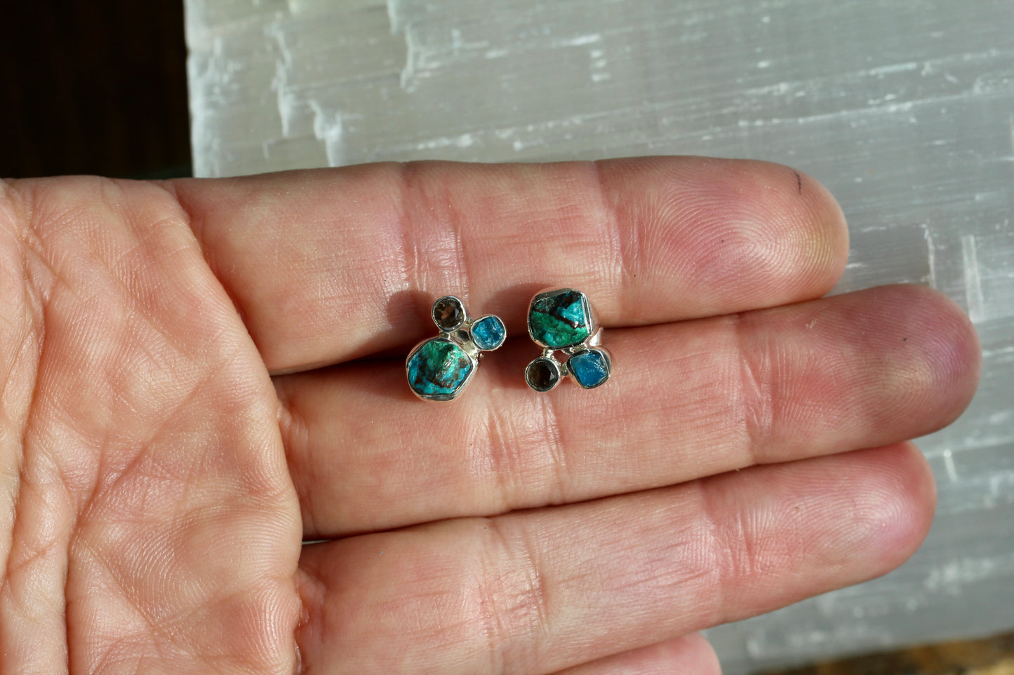 Chrysocolla Stone Cluster Post Earrings