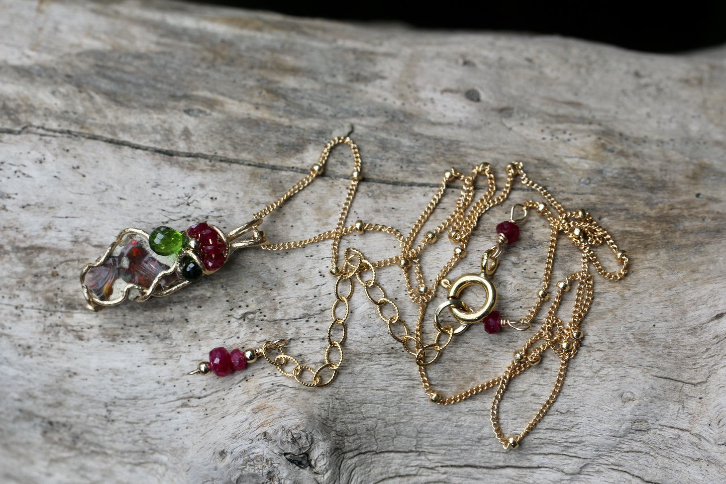 Opal Ruby Diopside Gold Necklace
