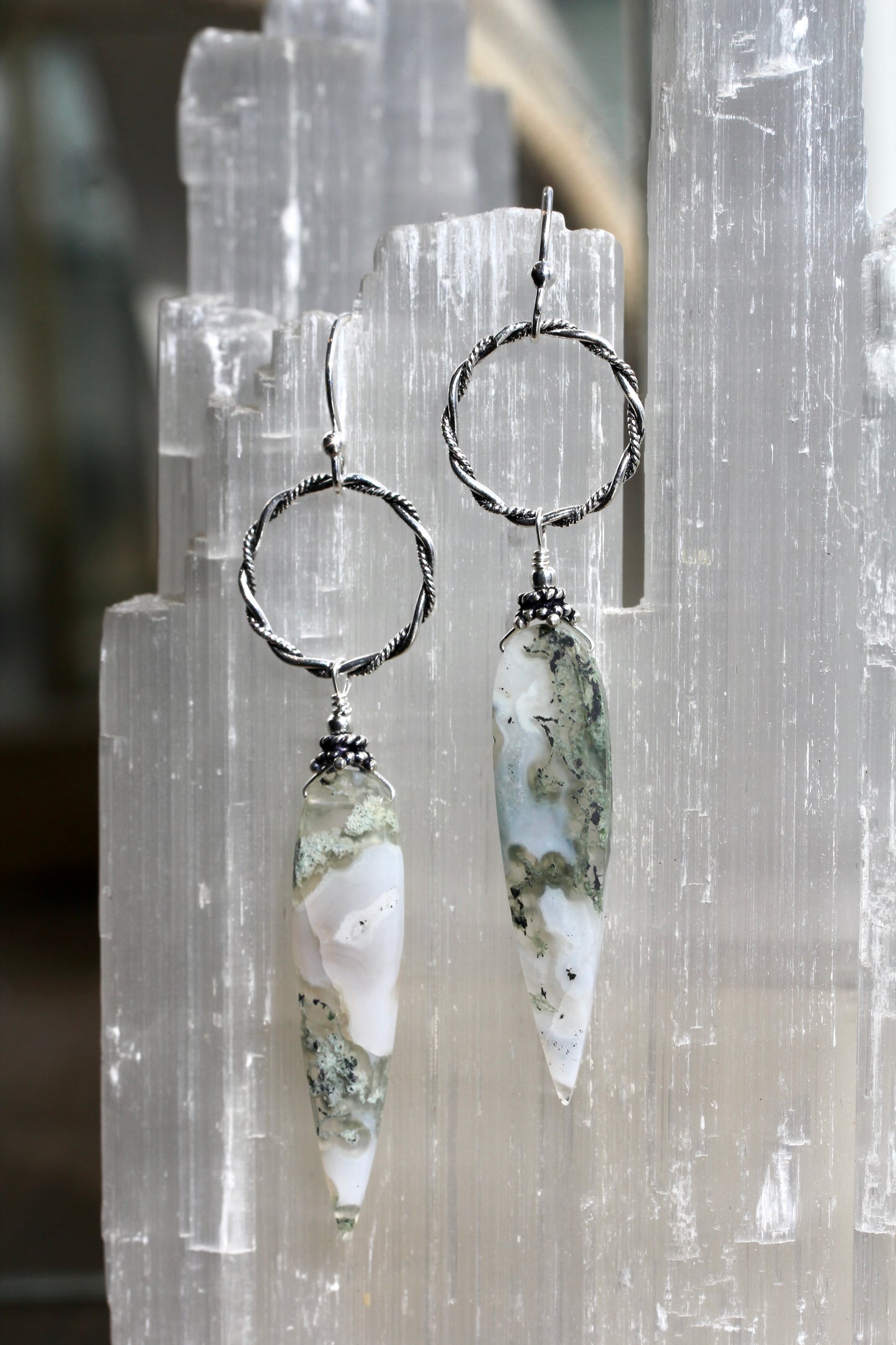 Moss Agate Long Ring Drop Earrings