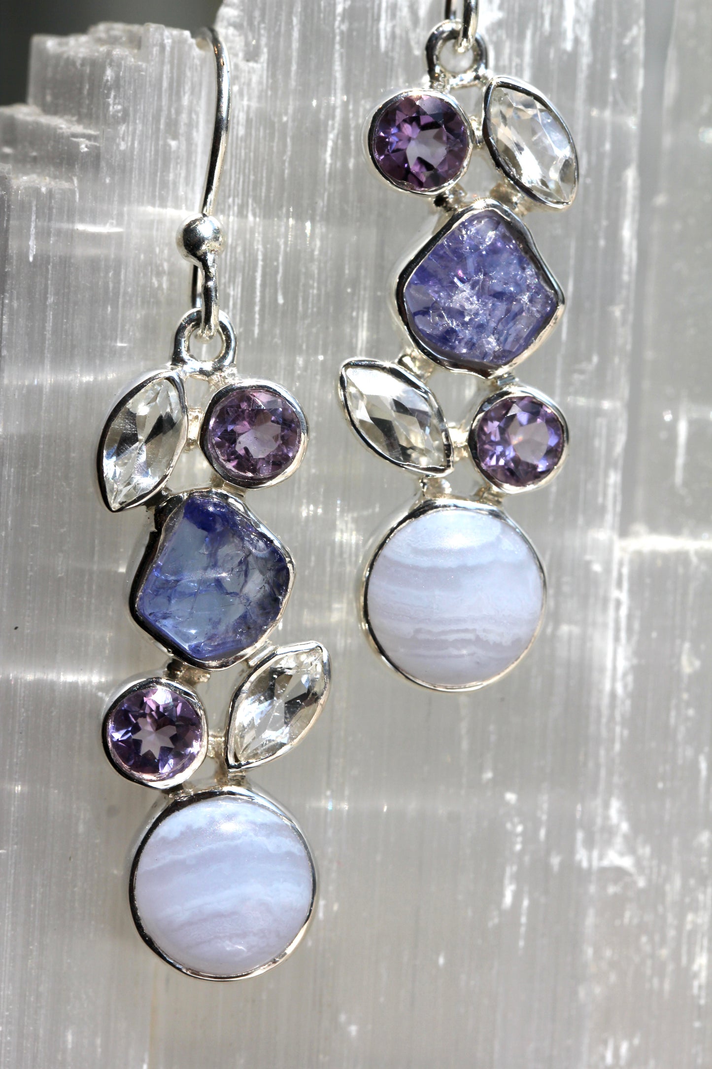 Blue Lace Agate Tanzanite Amethyst White Topaz Earrings