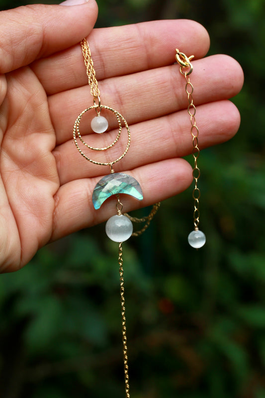 Labradorite Selenite Moon Goddess Gold Necklace