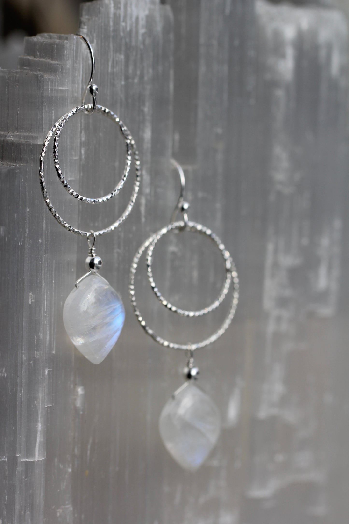 Rainbow Moonstone Double Ring Drop Earrings