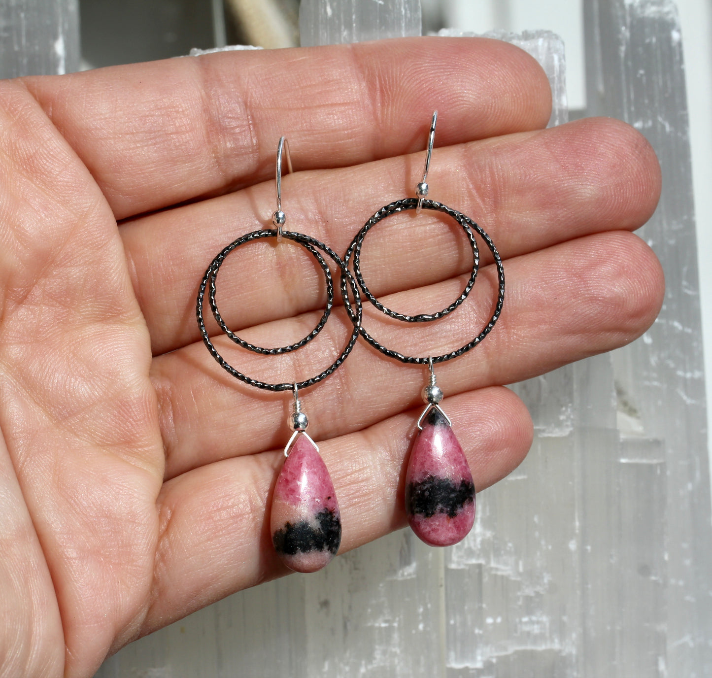 Rhodonite Diamond Cut Double Hoop Earrings