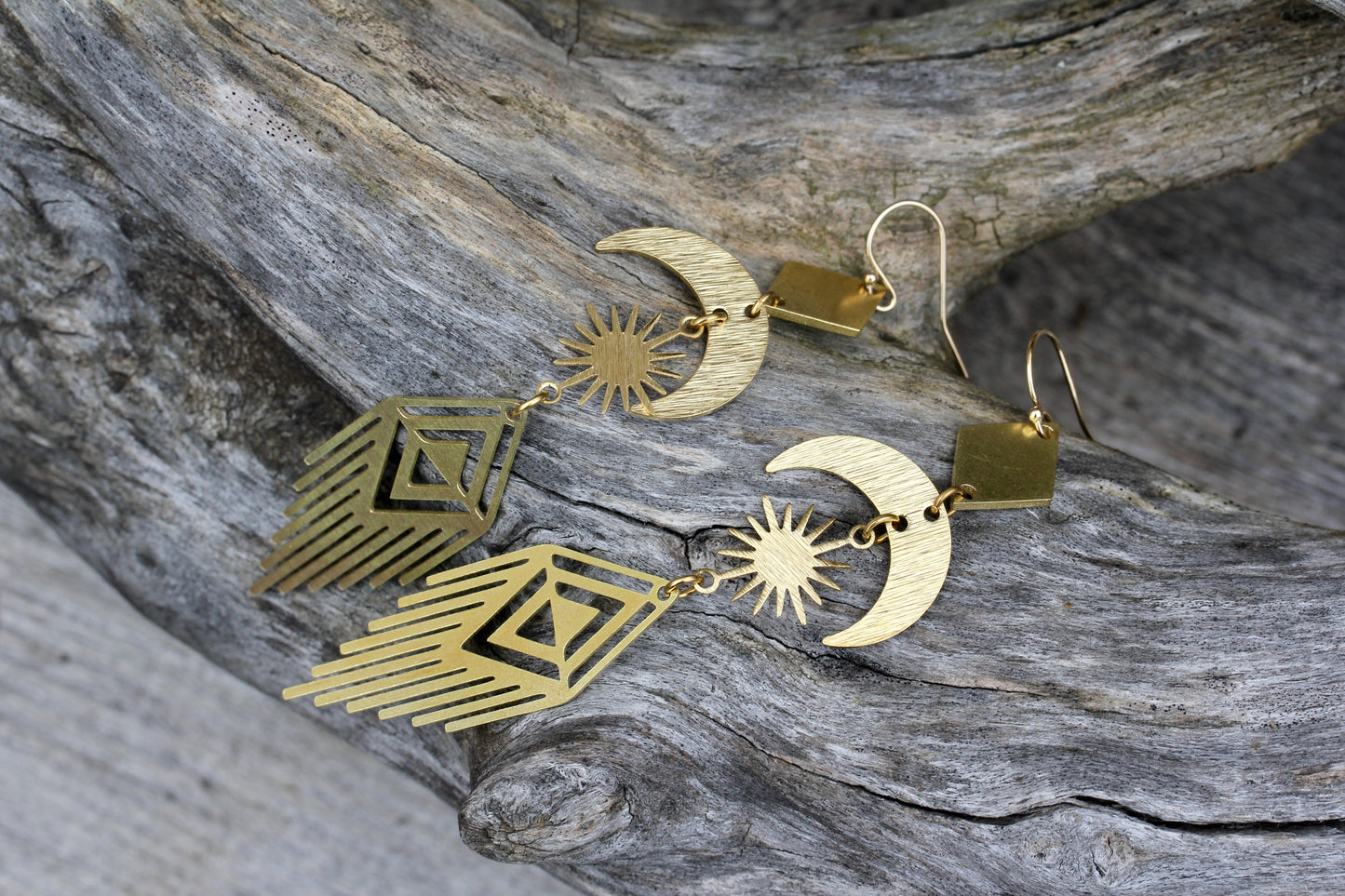 Brass Moon Sun Fringe Earrings
