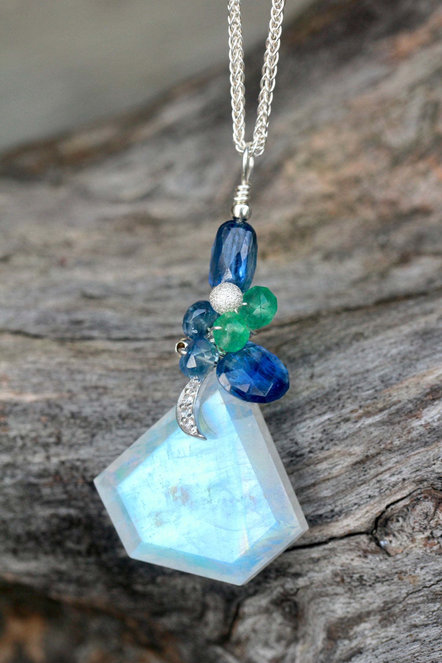 Rainbow Moonstone Moon Gem Necklace with Kyanite and Emerald