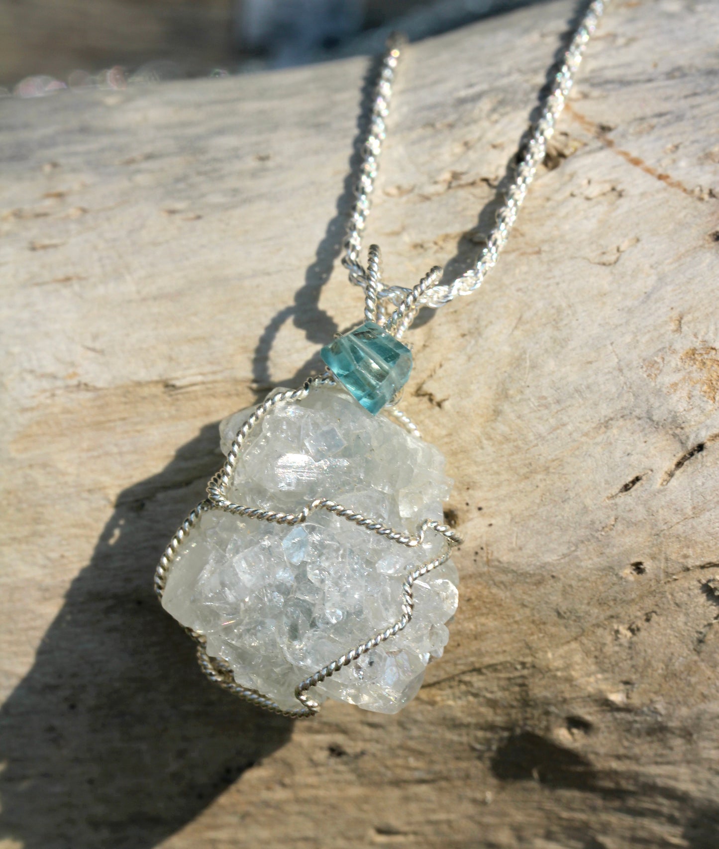 Apophyllite Crystal Cluster Blue Zircon Necklace