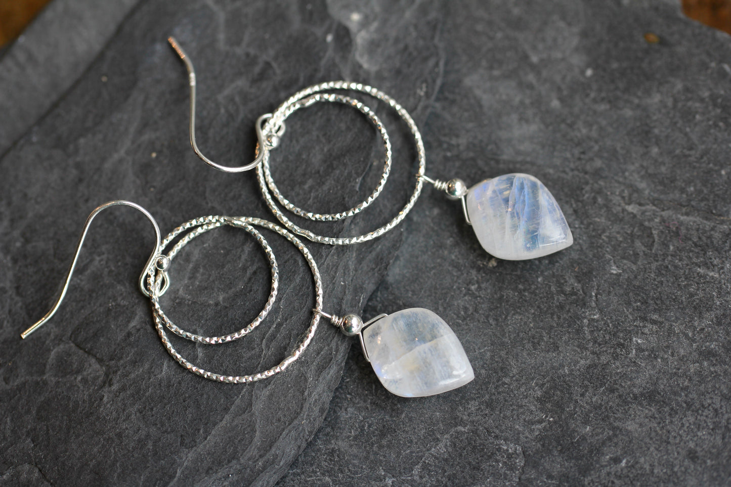 Rainbow Moonstone Double Ring Drop Earrings
