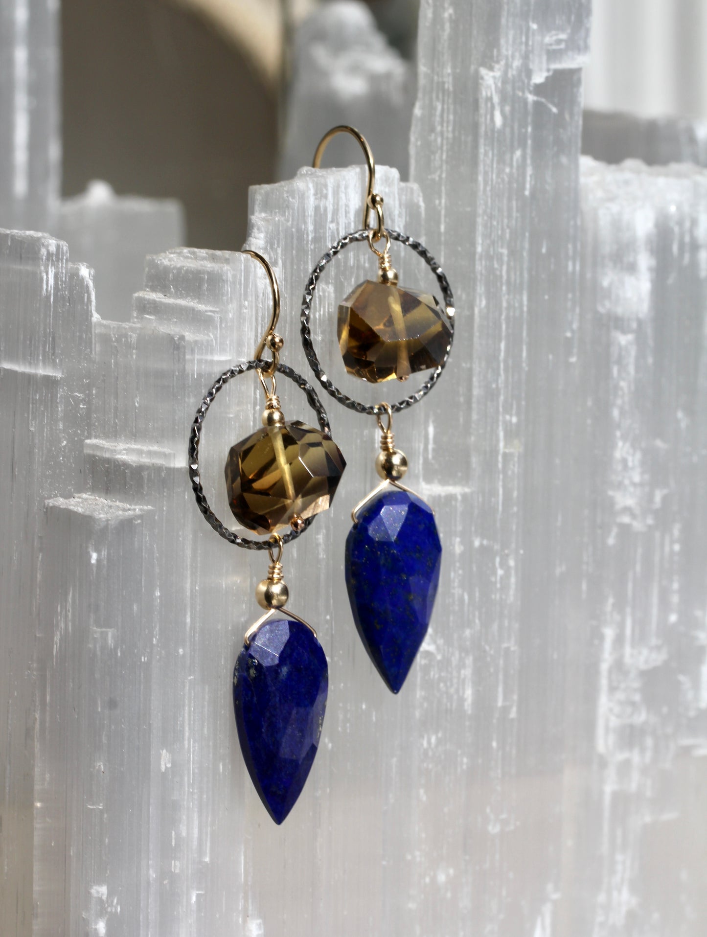 Lapis Beer Quartz Hoop Drop Earrings