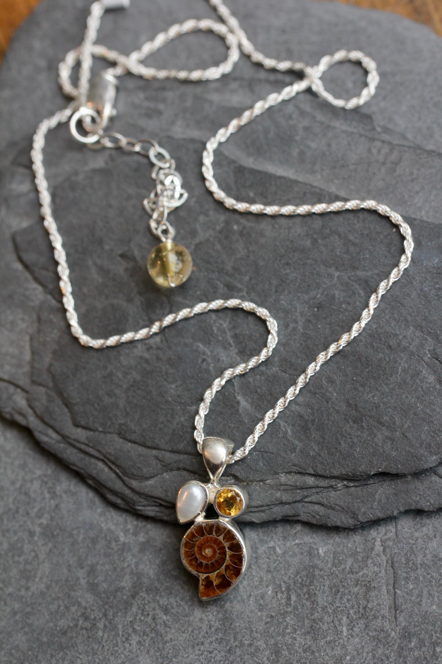 Ammonite Fossil Citrine Pearl Necklace
