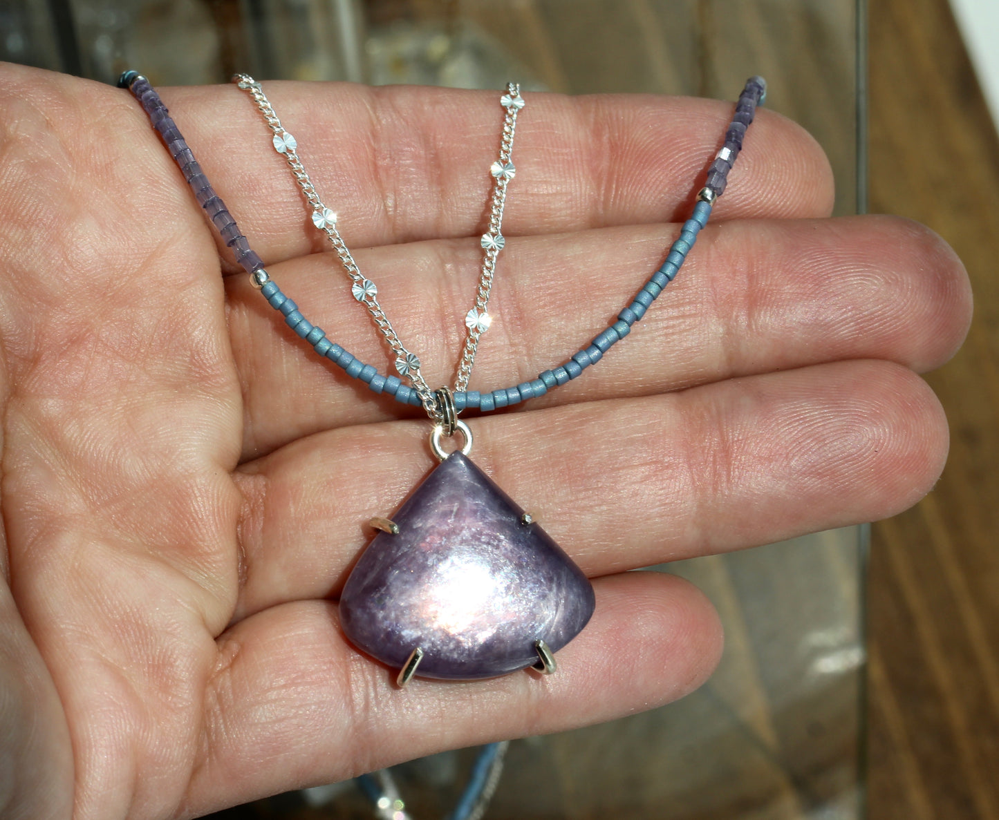 Lepidolite Beaded Silver Chain Necklace