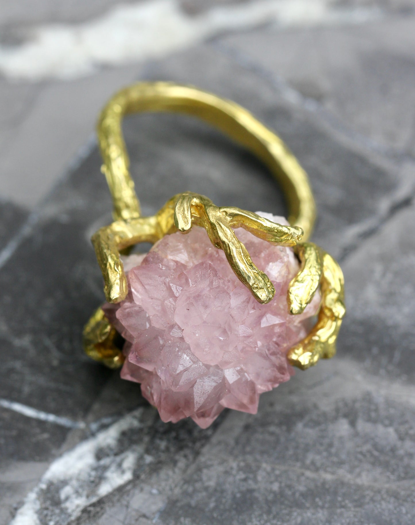 Pink Amethyst Crystal Cluster Branch Ring