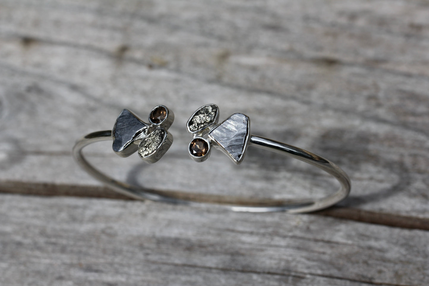 Meteorite Pyrite Smokey Quartz Silver Cuff Bracelet