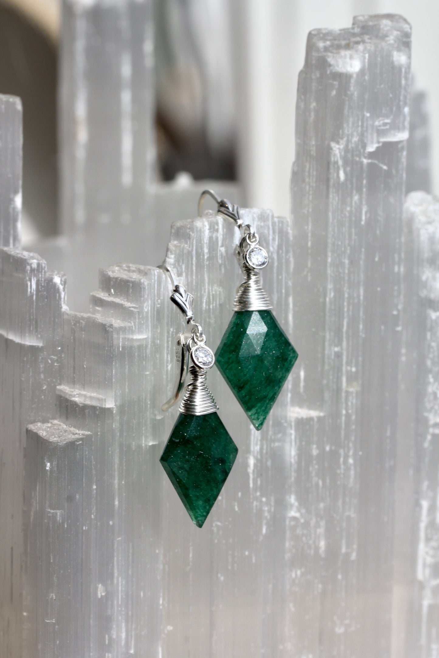 Green Aventurine CZ Diamond Drop Earrings