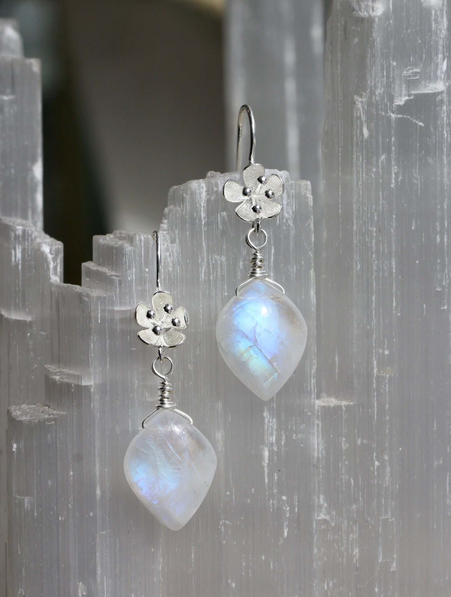 Rainbow Moonstone Flower Drop Earrings