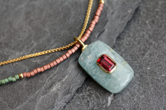 Aquamarine Garnet Beaded Gold Necklace